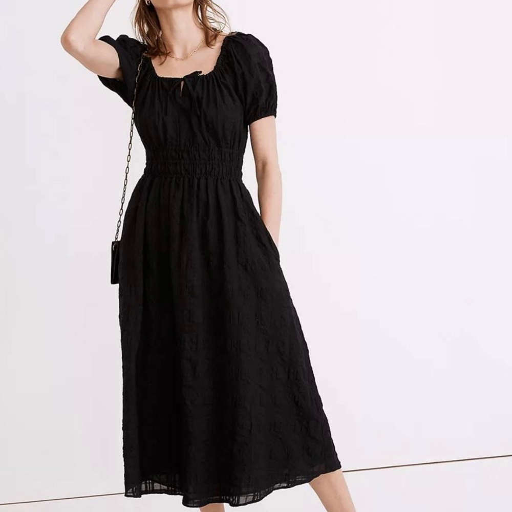 Madewell NWT Black Sophia Midi Dress in Seersucker Check XL
